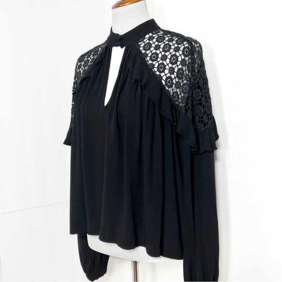 SOLD-Free People Ruffled Crochet Lace Black Draped Relaxed Long Sleeve Top - Picture 5 of 13